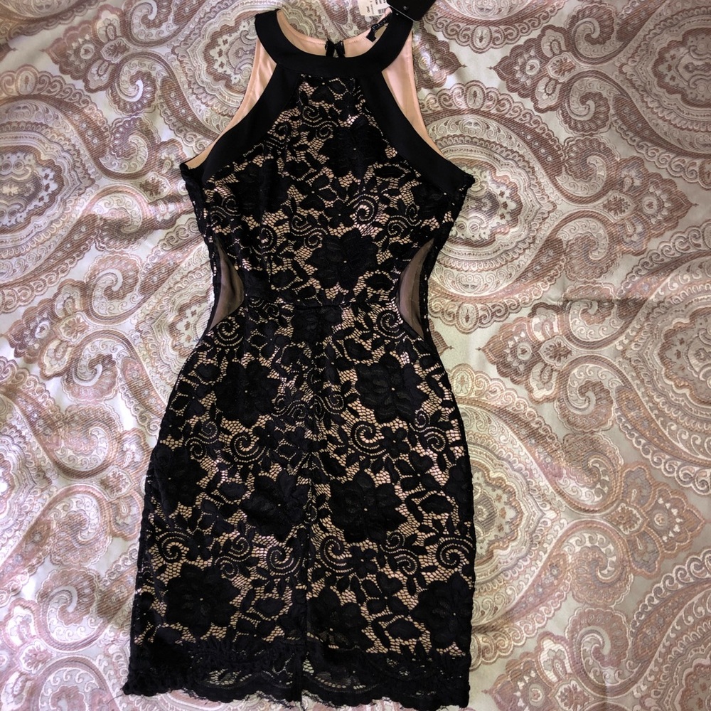 Halter Beige and Black Lace Dress